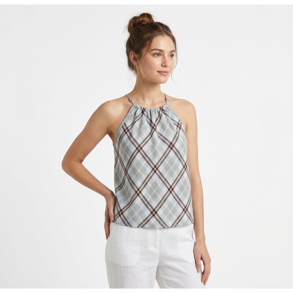 Bella Dahl Plaid Halter Neck Sleeveless Blouse Blue Peach Size M B1481-588-304
